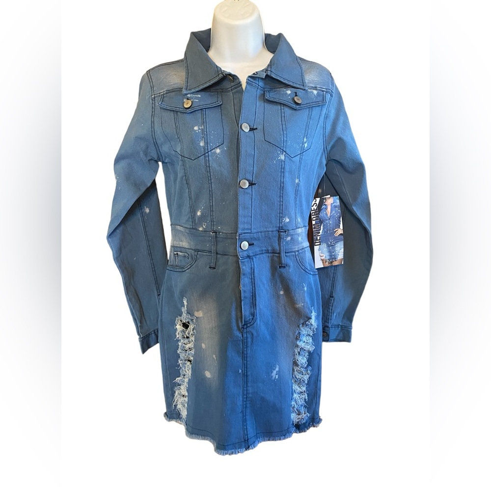 Thrill Women's Denim Jean's Mini Long Sleeve Dress-Size Large/NWT